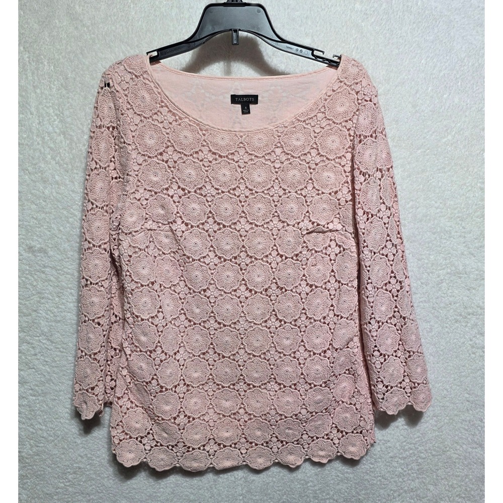 Talbots Pink Lace Crochet Floral Long‎ Sleeve Top Blouse Size 4